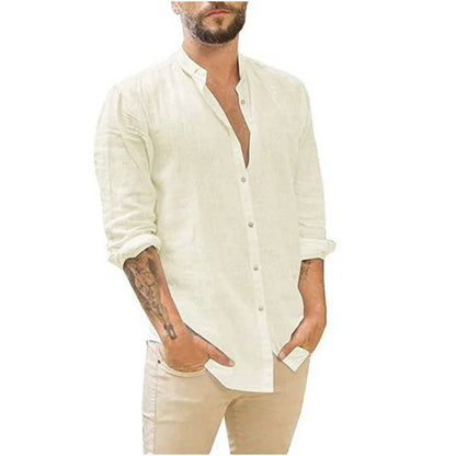 Men's 2026 Men's Linen Cardigan Solid Color Casual Stand-Up Collar Long Sleeve Shirt