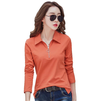 Korean Style cotton polo shirts women fashion long sleeve candy color zipper turn down neck polo t shirt for women 2025