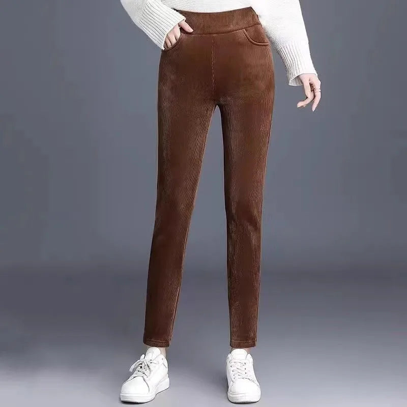 Thickened Fleece Corduroy Pants High Waist Harlan Style Winter 2024 New Women's Casual Trousers Elastic Waist Pocket Detail
