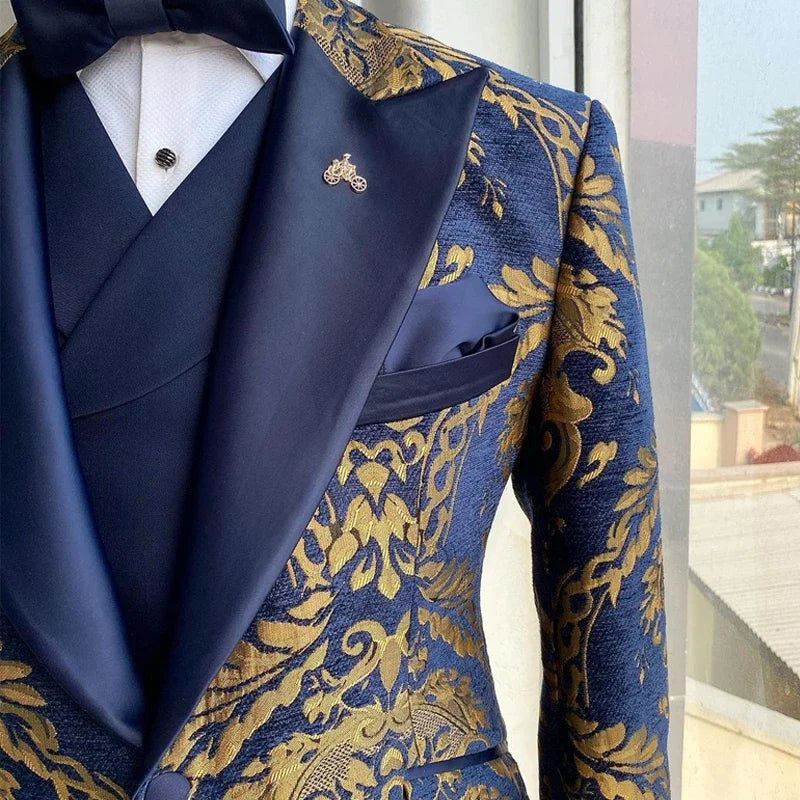 Jacquard Floral Tuxedo Suits for Men Wedding Slim Fit Navy Blue and Gold Gentleman Male Costume Suit Set
