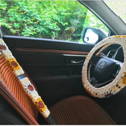 Warm Anti-Slip Hand Crocheted Flower Car Steering Wheel Cover Simple Stylish Winter Car Decor Safe Driving Seat Belt Accessory