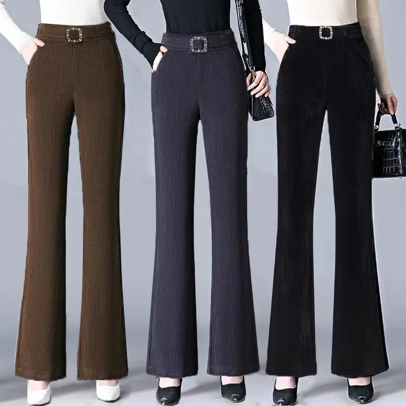 plus Size Flared Pants for Women Autumn Winter Fce Lined Casual High Waist Nine Points ket Pants for Middle-Aged Mothers