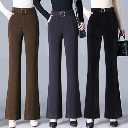 plus Size Flared Pants for Women Autumn Winter Fce Lined Casual High Waist Nine Points ket Pants for Middle-Aged Mothers