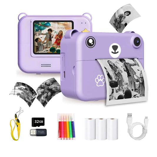 Kids Camera Instant Print Toy Portable Small Camera With 32G Memory Card ,3 Rolls Printing Paper, Gift For Boys And Girls