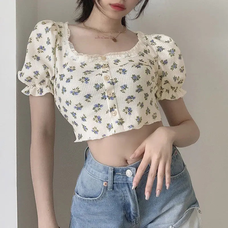 Floral Print Square Neck Short Sleeve Slim Fit T-Shirt Women's Summer 2026 New Bubble Sleeve Belly Baring Trendy Top