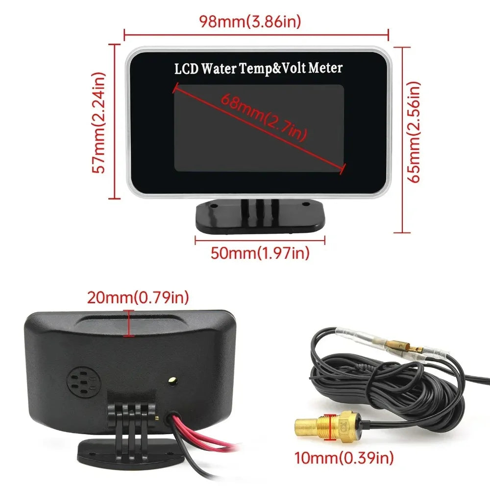 Car LCD Water Temp Meter + Voltmeter Gauge 2in1 Temp Voltage Meter 10mm Water Temp Sensor 12V 24V