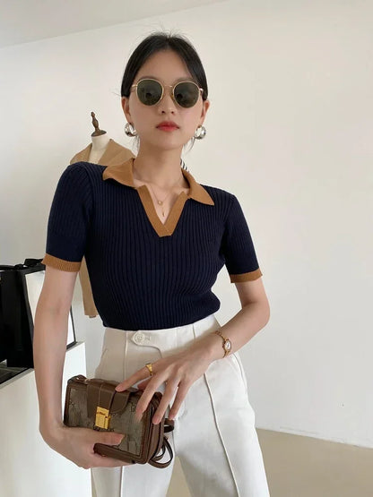 Female Spring Slim Knit Tee Summer Women's T-shirt Polo Collar Short Sleeve Fashion Blouses White Skinny Casual Women Tank Top