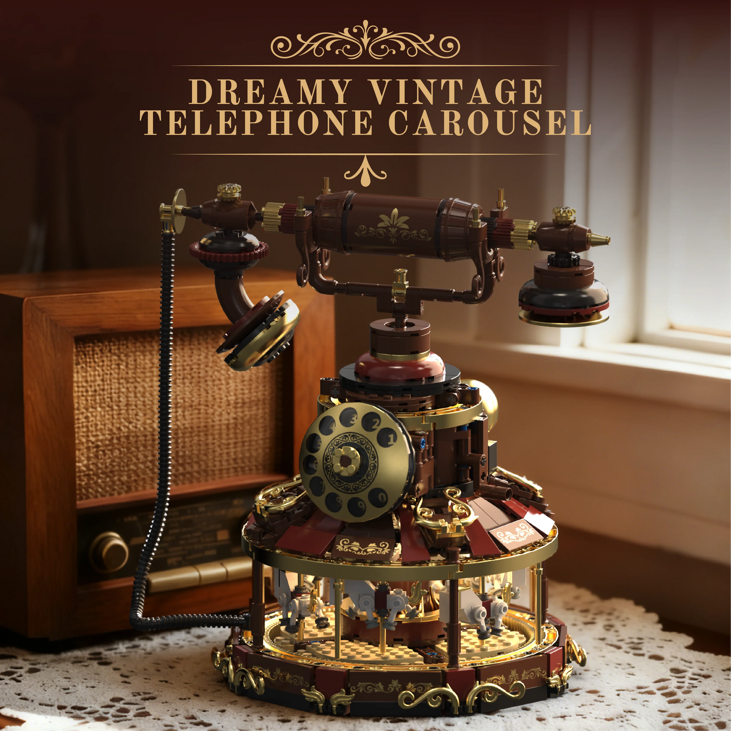 Retro Telephone Building Blocks DIY Assembly LED Light Rotary Model Desktop Home Decor Ornament Gift Kids Adults Birthday