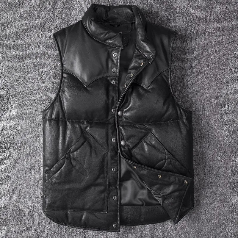 Men's Slim Fit Leather Jacket Sheepskin down Vest Thick Warm Short Flight Suit for Autumn And Winter