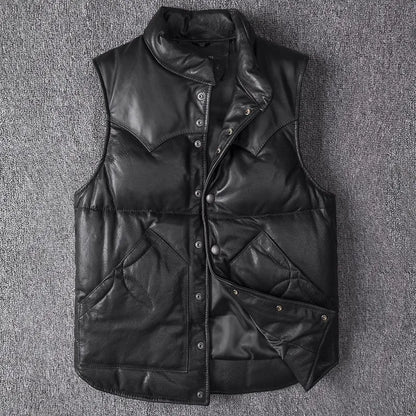 Men's Slim Fit Leather Jacket Sheepskin down Vest Thick Warm Short Flight Suit for Autumn And Winter