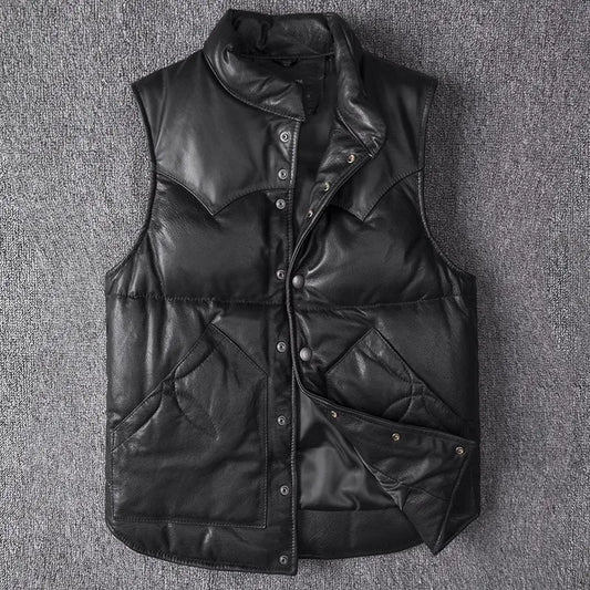 Men's Slim Fit Leather Jacket Sheepskin down Vest Thick Warm Short Flight Suit for Autumn And Winter