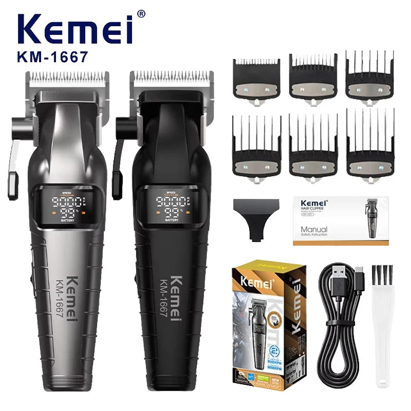 Kemei KM-1667 Trimmer Professional 10W 9000RPM Motor Rechargeable Hair Clippers DLC blades LED Display Trimmer Man