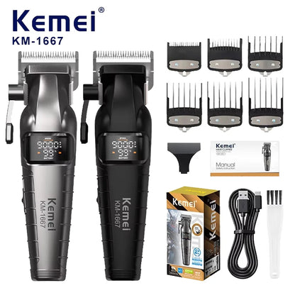 Kemei KM-1667 Trimmer Professional 10W 9000RPM Motor Rechargeable Hair Clippers DLC blades LED Display Trimmer Man