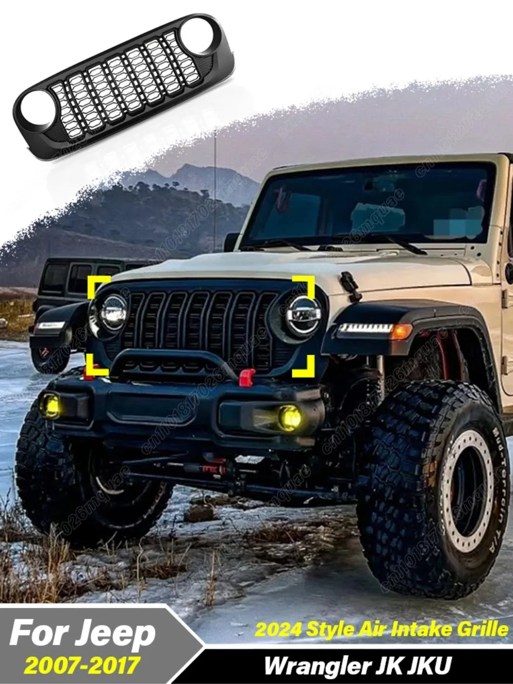 For Jeep Wrangler JK JKU 2007 2008 2009 2010 2011 2012 2013 2014 2015 2016 2017 Lantsun J400 2024 Style Front Bumper Mesh Grille