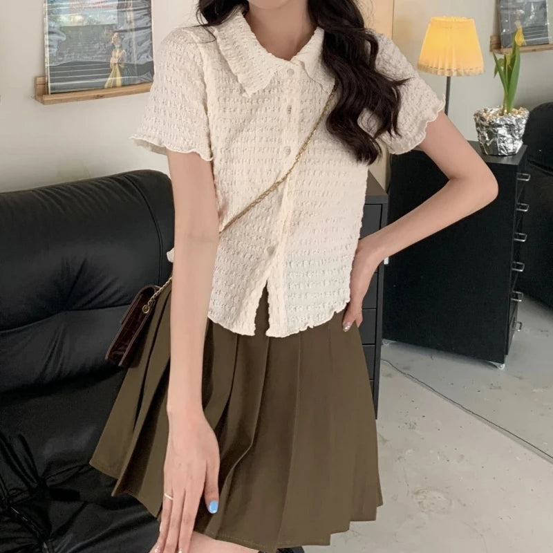 2026 New Korean Preppy Style Women's Polo Collar Short Sleeve Shirt Top Sweet Slimming Versatile Younger Looking