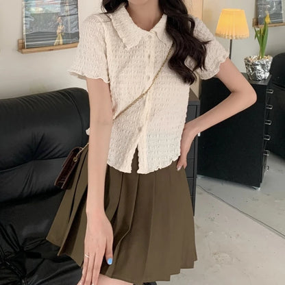 2026 New Korean Preppy Style Women's Polo Collar Short Sleeve Shirt Top Sweet Slimming Versatile Younger Looking