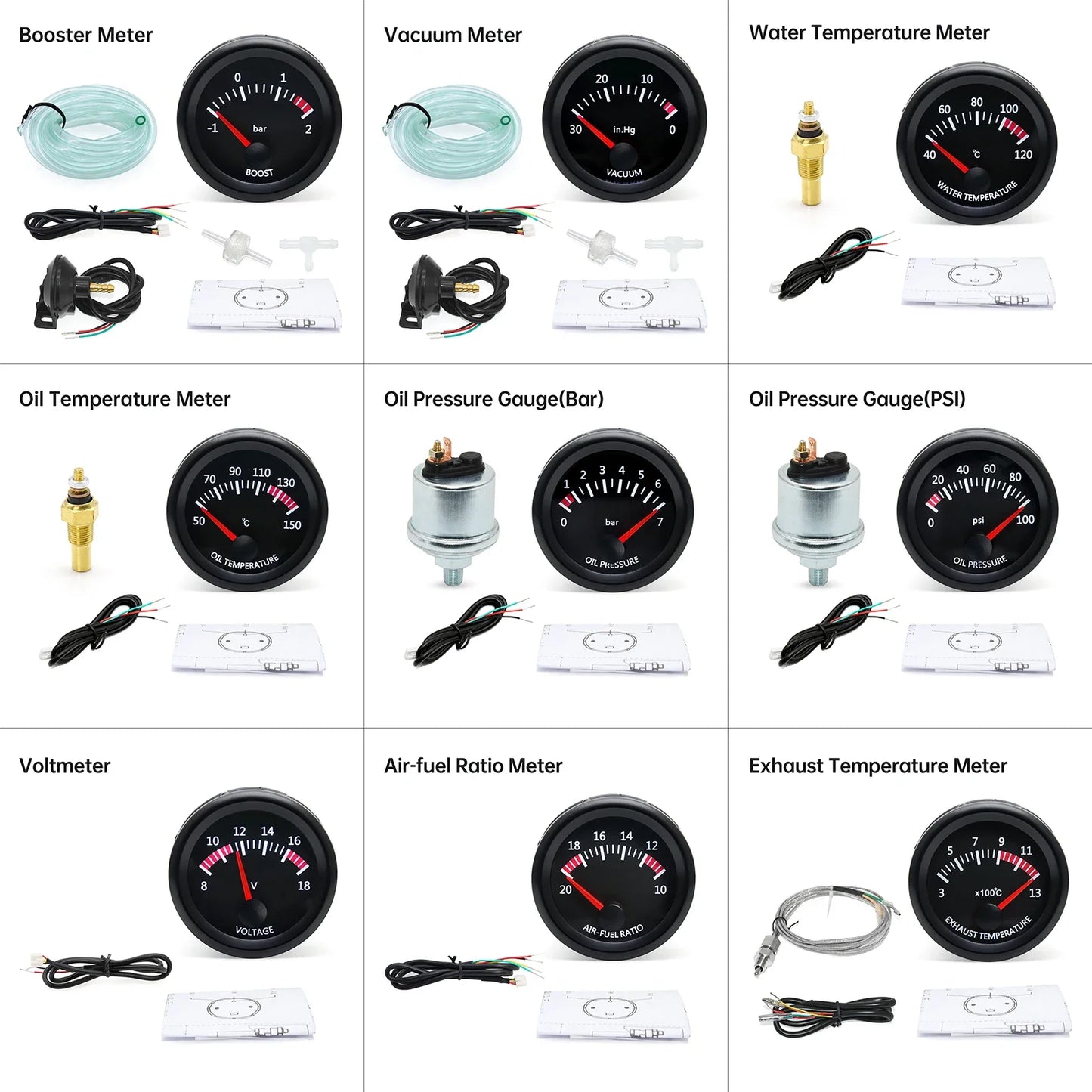 AD 52mm Water Temp/Oil Temp/Voltmeter/Oil Press BAR PSI /Vacuum/Boost Gauge/Air Fuel Ratio/EGT Gauge With Sensor Fit for 12V Car
