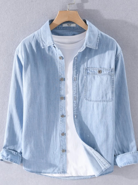 Washed Denim Cotton Shirt Men's Long Sleeve Loose Outerwear Casual Vintage Spring Thin Cotton Jeanswear Trendy Pure Color
