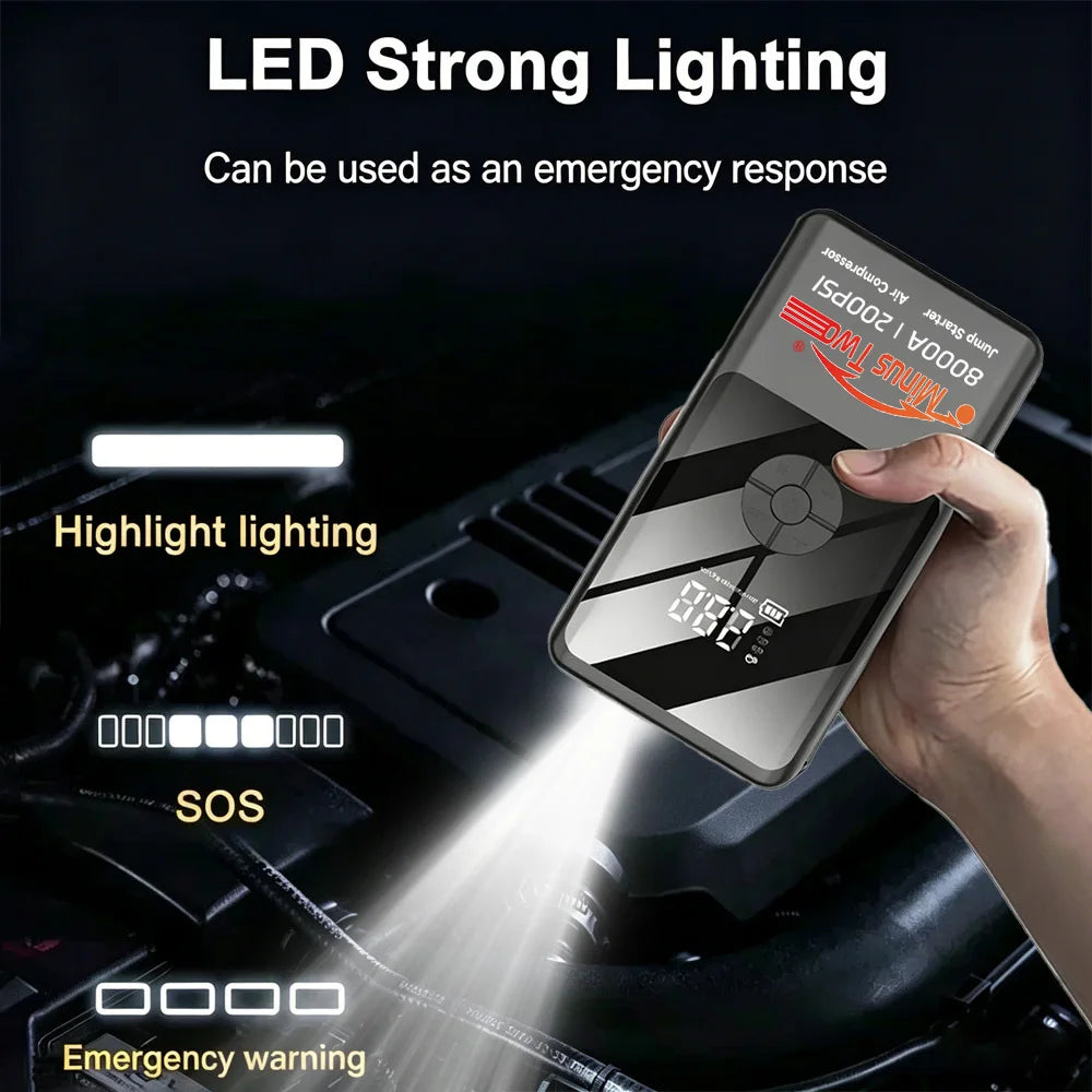 Car Jump Starter with Air Compressor Peak 2000A Auto Battery Booster 150PSI Air Pump Portable Power Bank Tire Inflator Lighting