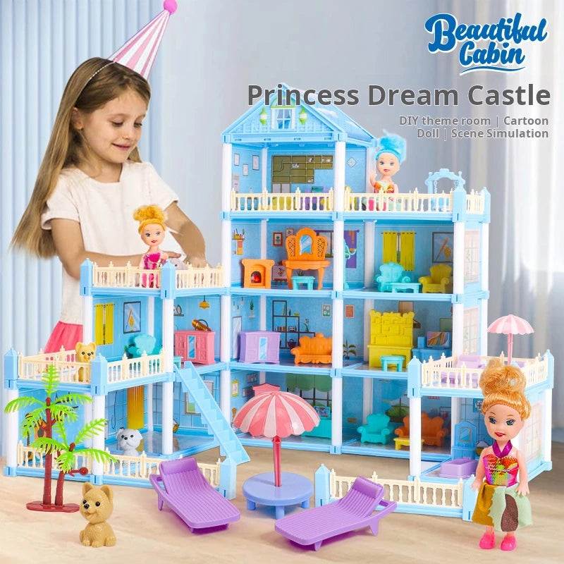 3D DIY Dream Princess Castle Villa Assembly Doll House Set Toy Girl Family Toy Children's Music Doll House Assembly Villa House