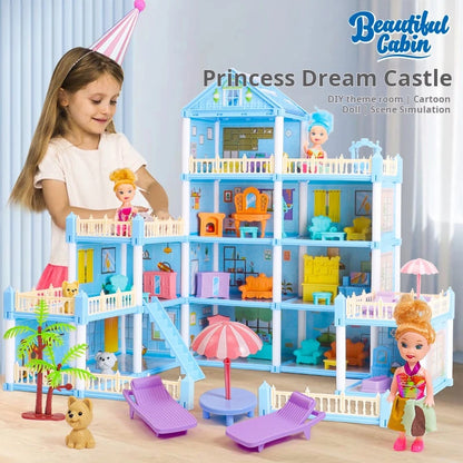 3D DIY Dream Princess Castle Villa Assembly Doll House Set Toy Girl Family Toy Children's Music Doll House Assembly Villa House