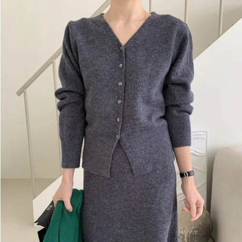 Autumn Winter V-Neck Single Button Knitted Cardigan Women's High Waist Wrap Body Skirt Korean Style Fashion Set High Quality