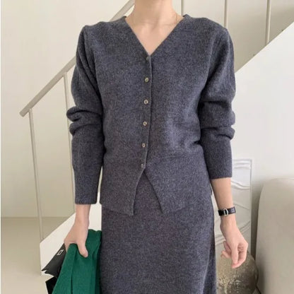 Autumn Winter V-Neck Single Button Knitted Cardigan Women's High Waist Wrap Body Skirt Korean Style Fashion Set High Quality