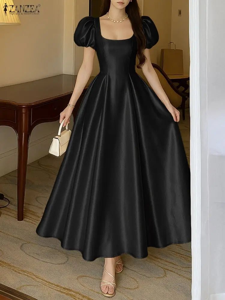 ZANZEA Elegant Chic Women Satin Wedding Guest Party Long Dresses Square Neck Short Puff Sleeve Fitted Waist A-Line Dress S-3XL