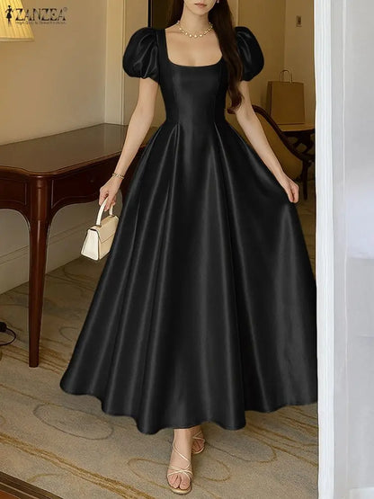 ZANZEA Elegant Chic Women Satin Wedding Guest Party Long Dresses Square Neck Short Puff Sleeve Fitted Waist A-Line Dress S-3XL