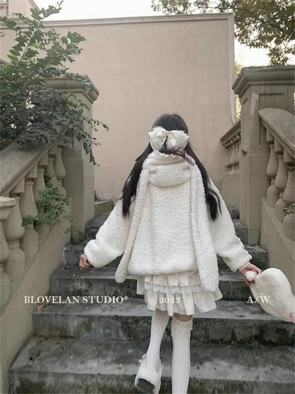Winter Design Sense Hoodies Warm Rabbit Long Ears Women Sweatshirt Girl Lolita Hooded Zip-up Casual Sweatshirts Harajuku Hoodie