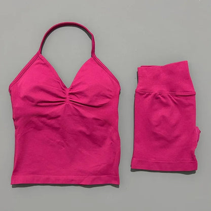 HISTELLO 2 Pieces Sports Set Women Yoga Longline Strap Top Scrunch Seamless Shorts Sport Gym Set Sportswear Workout Fitness Set