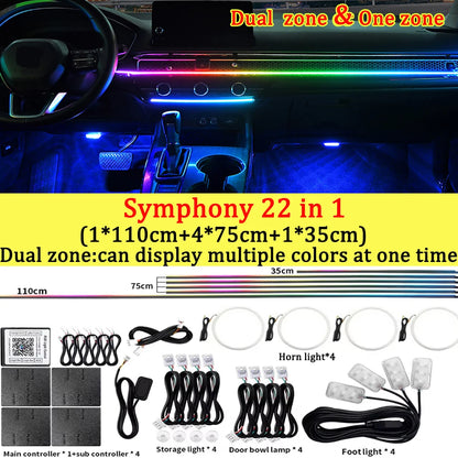 10/14/18/22 in 1 Dual Zone Hidden Acrylic RGB 64/213 Color Symphony Streamer Auto Interior Car Ambient Light Kit APP Control 12V