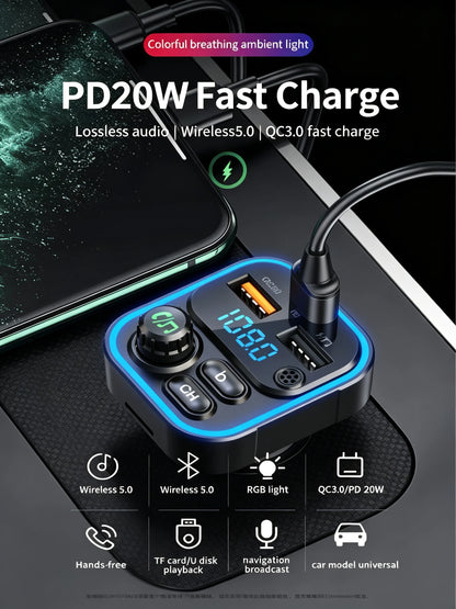 WEKOME Dual USB Fast Charging 7 Color LED Atmosphere Light Bluetooth Hands Free Car FM Transmitter with U Disk TF Card Playback
