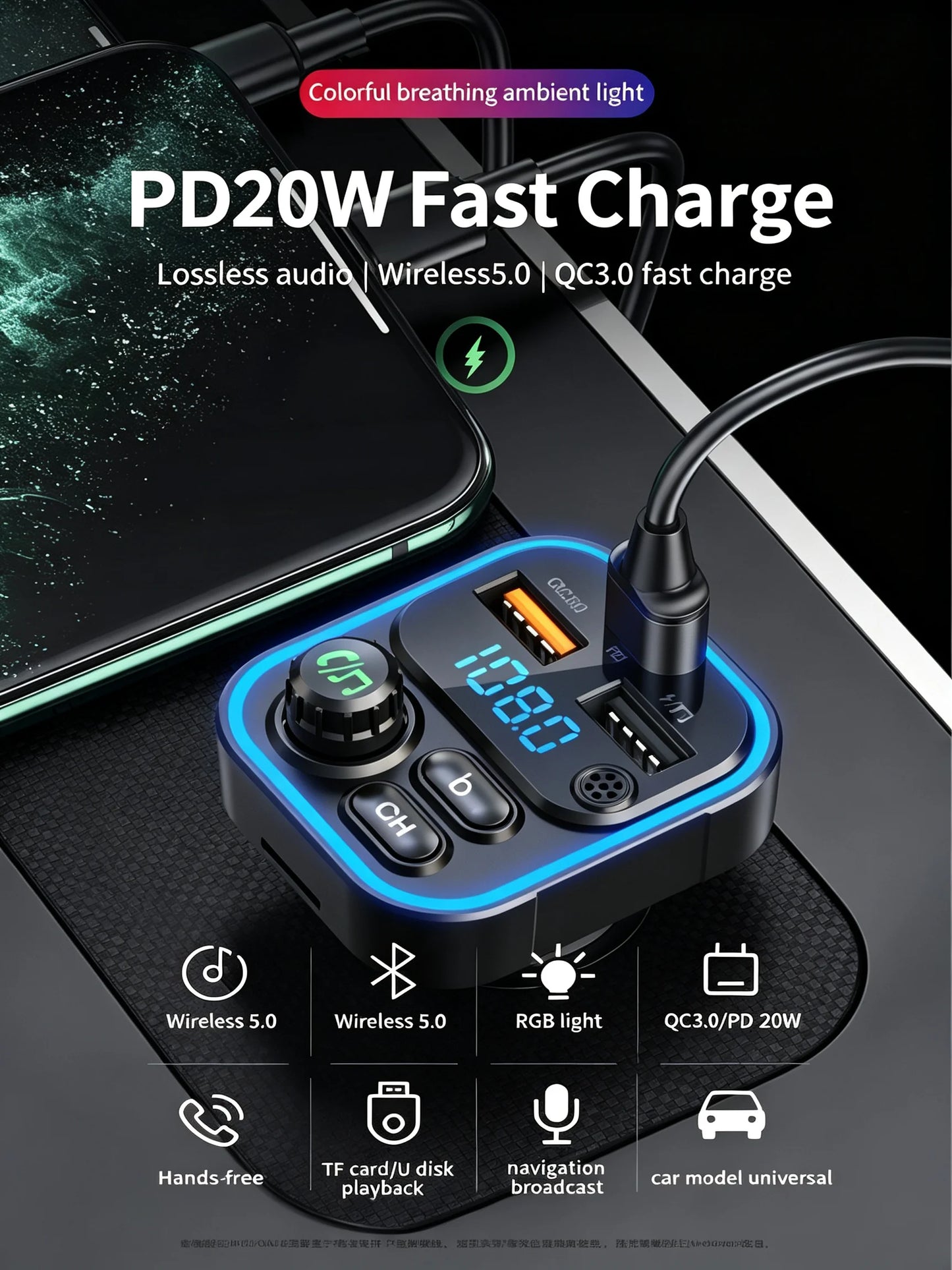 WEKOME Dual USB Fast Charging 7 Color LED Atmosphere Light Bluetooth Hands Free Car FM Transmitter with U Disk TF Card Playback