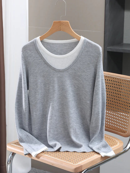 Casual Spring Autumn Women T-Shirts Merino Worsted Wool Female Knitted Pullover Long Sleeve Soft Clothing Tops Thin Outerwears