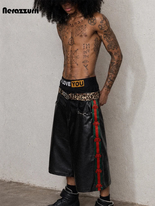 Nerazzurri Summer Patchwork Pu Leather Shorts for Men Cool Handsome Luxury Designer Calf-Length Pants Emo Menswear Clothes 2026