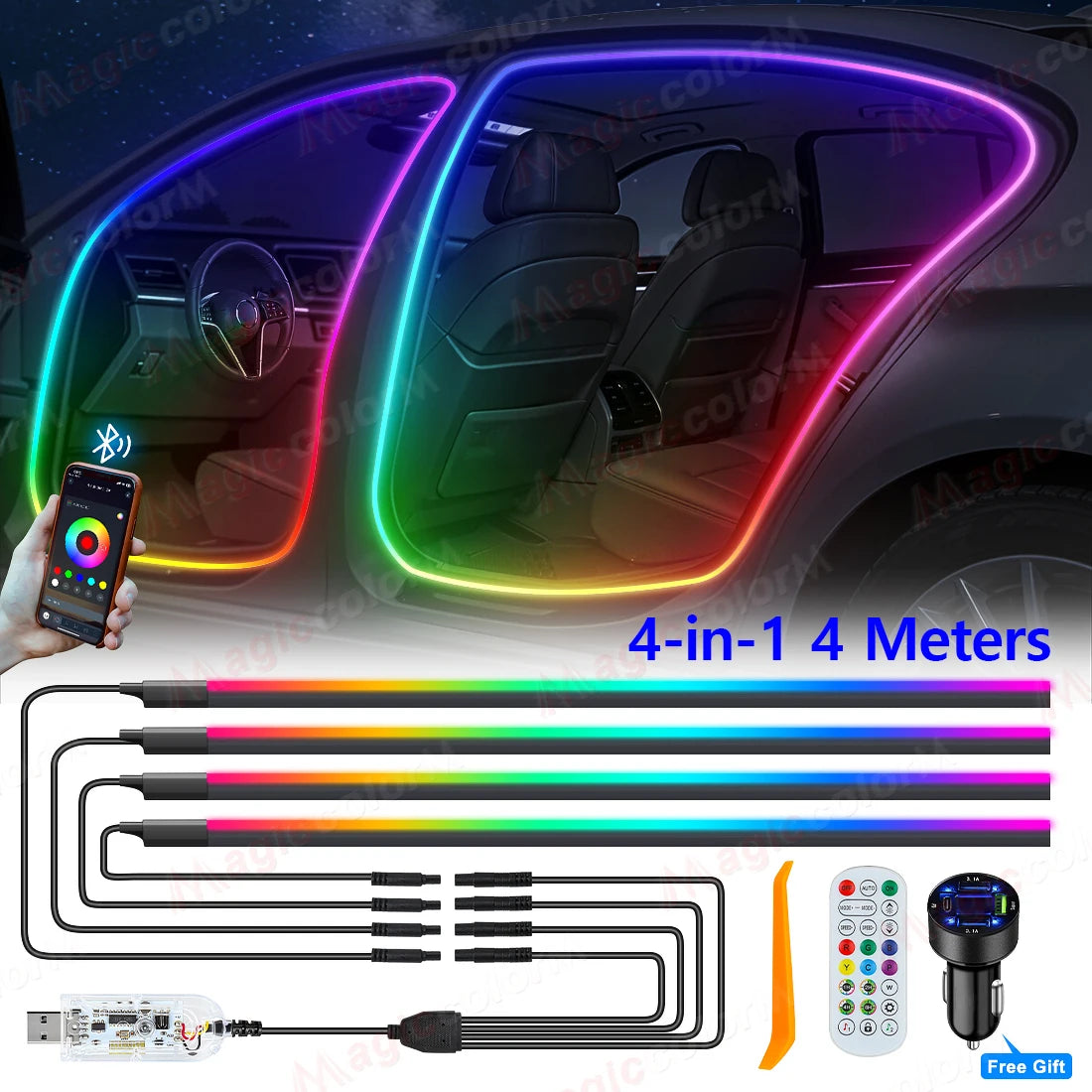 3Meters 4M Symphony Car Door Frame Ambient Lights Universal RGB LED Acrtlic Strips APP Bluetooth Remote Control USB Plug & Play