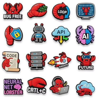 16Pcs Tech Lobster Croc Charms Set, Cute Programmer AI Code Shoe Decorations, DIY for Clogs Sandals, Gift for Coders IT Geeks