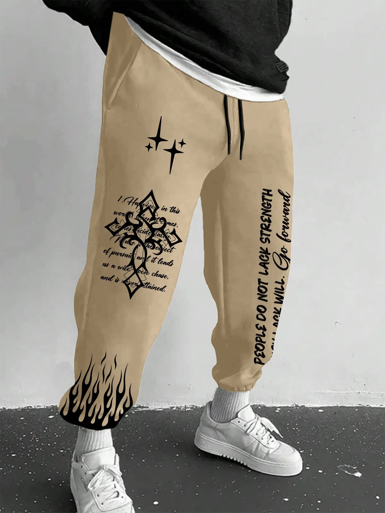 Men's Retro Vintage Script Letter Flame Graphic Joggers Elastic Cuff Sweatpants Popular Streetwear Casual Pants