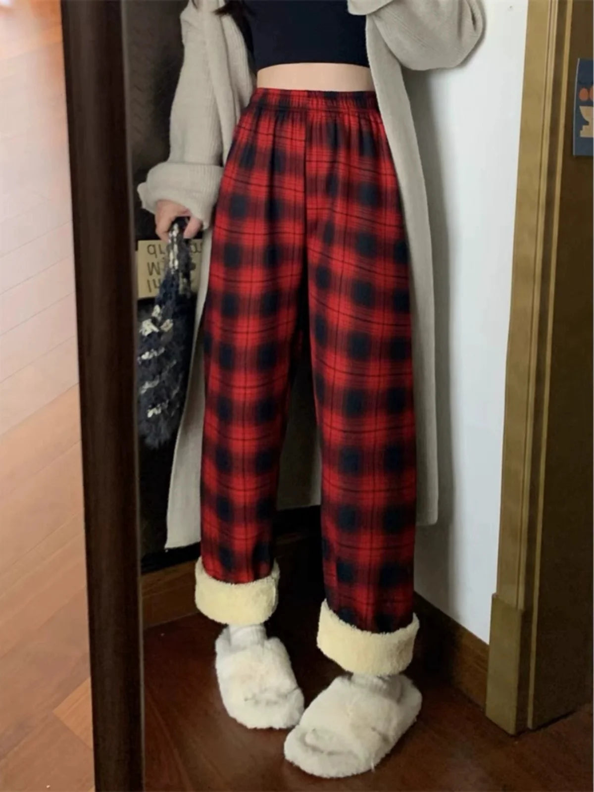 Lamb Velvet Fce Lined Thi Plaid Casual Pants Women's Autumn Winter Loose Straight Leg Wide Leg Cotton Spwear Trousers