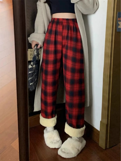 Lamb Velvet Fce Lined Thi Plaid Casual Pants Women's Autumn Winter Loose Straight Leg Wide Leg Cotton Spwear Trousers