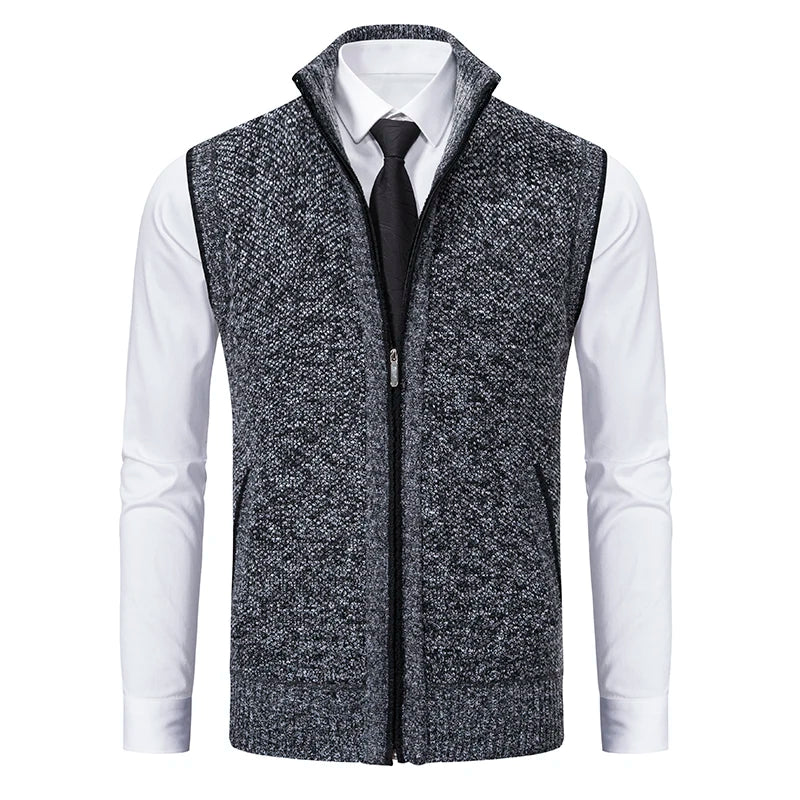 Men's Sleeveless Knit Cardigan, Stand Collar Lightweight Warm Fleece Thick Jacket Vest, Casual Business Outdoor Sports, Fall Win