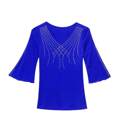 2026 Spring Summer Mesh Tops Korean Fashion Diamond T Shirt Slim 3/4 Sleeve Hollow Out Casual Women Shirt