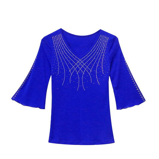 2026 Spring Summer Mesh Tops Korean Fashion Diamond T Shirt Slim 3/4 Sleeve Hollow Out Casual Women Shirt