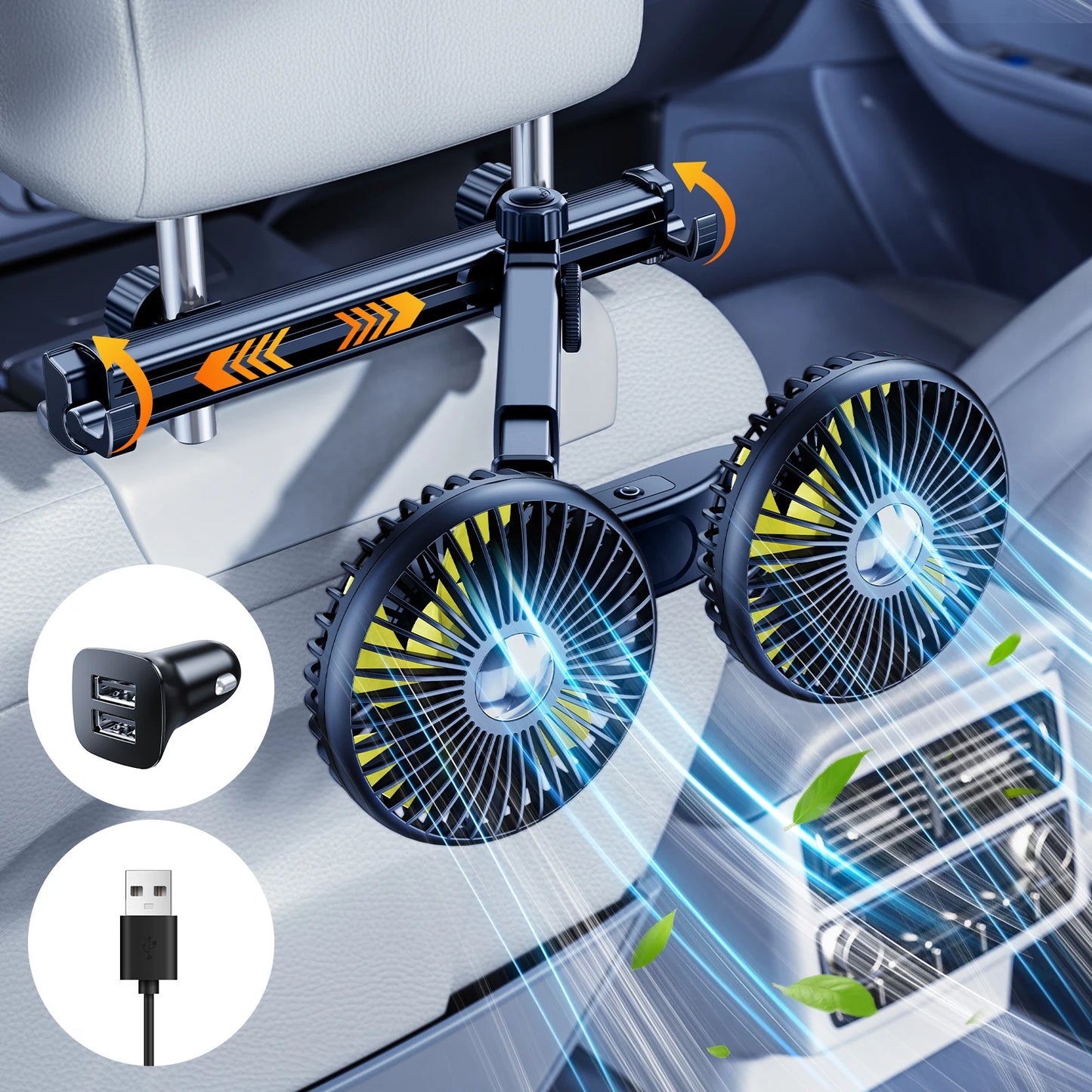 Eary Car Dual Head Fan Mount for Back Seat Headrest Air Cooler Fan With 2 Hooks Long Arm Adjustable 3 Speeds For Truck SUV Sedan