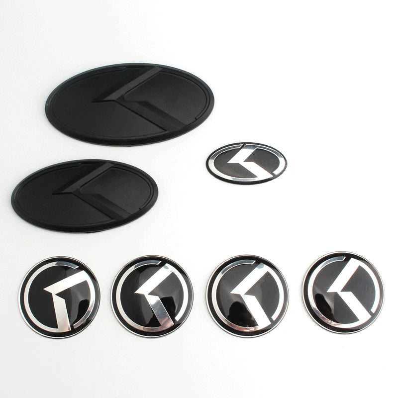1 SET(7 Pcs) K Logo 3D Emblem Front Grille Trunk + Steering Wheel + Wheel Center Caps Sticker Badge for OPTIMA K5 Forte Koup