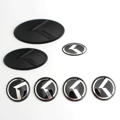 1 SET(7 Pcs) K Logo 3D Emblem Front Grille Trunk + Steering Wheel + Wheel Center Caps Sticker Badge for OPTIMA K5 Forte Koup