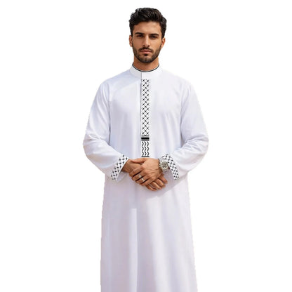 New Men's White Loose-fitting Embroidered Casual Stand-up Collar Style Long Dress Robe Abaya Ramadan Dubai Luxury Islam Elegant