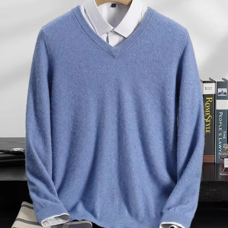 100% Cashmere Sweater Men's V-Neck Knit Pullover 2025 Spring/Autumn New Solid Color Long Sleeved Tops Business Casual Menswear