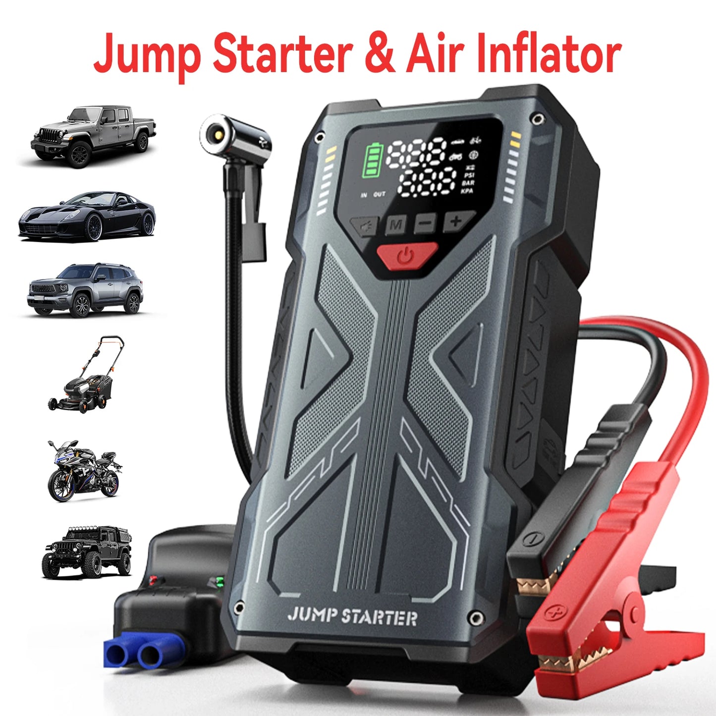 Jump Starter with Air Compressor Tire Inflator，6000A Jump Starter with Air Compressor/Tire Inflator, 12V Jumper Box for Car(All
